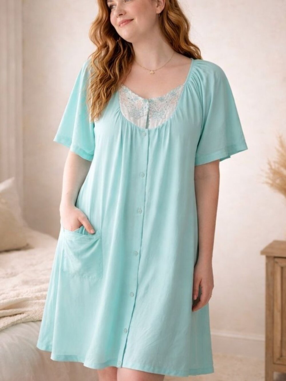 Kelly Reed Aqua Nylon Nightgown VTG Plus Sz 1X Lace Embroidered Button Retro USA